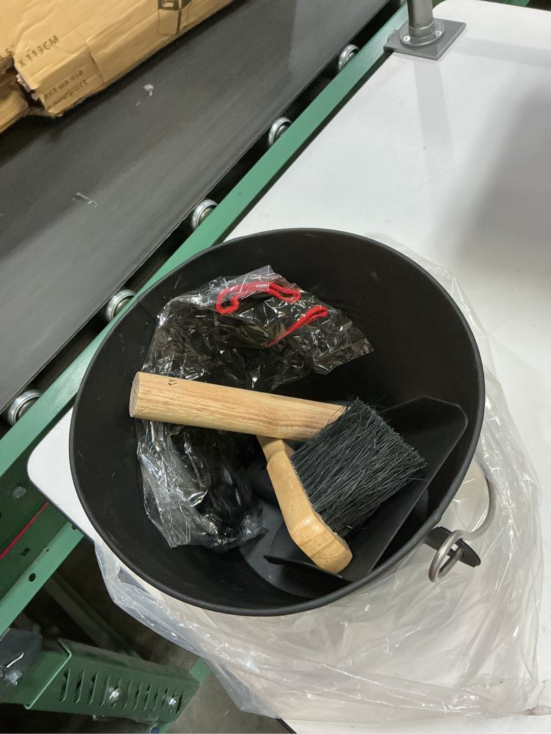 Condition photo showing Good Condition for Small Ash Bucket with Lid and Shovel, Metal Fireplace Ash Bucket with Broom, Complete Fireplace Tools Set for Wood Stove and Fireplace, Black 1.3 Gallon