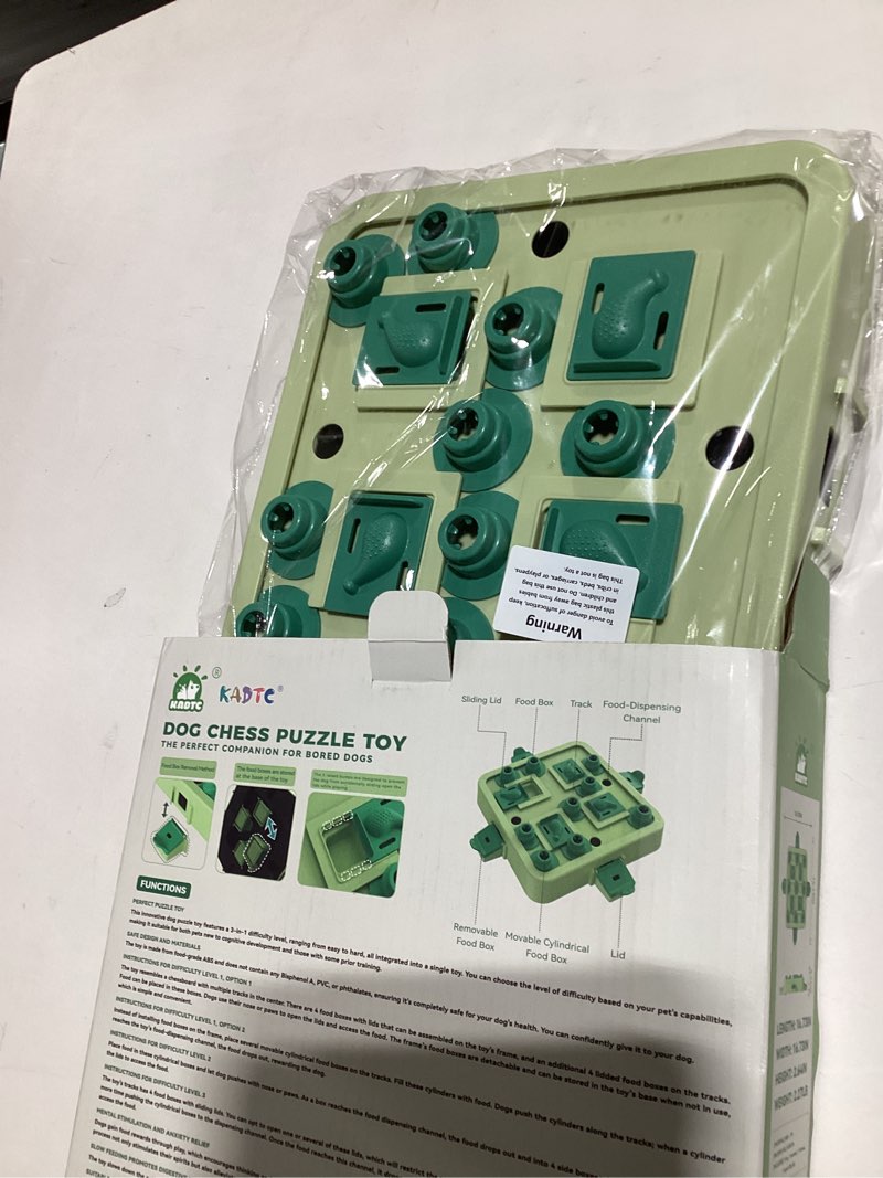 Condition photo showing New/Like New for kadtc dog chess puzzle toy, large size, u.s. brand & design, 3 levels of step-by-step challenge for smart dogs interactive boredom buster mental stimulation enrichment toys puppy treat brain puzzles level 3 in 1 green