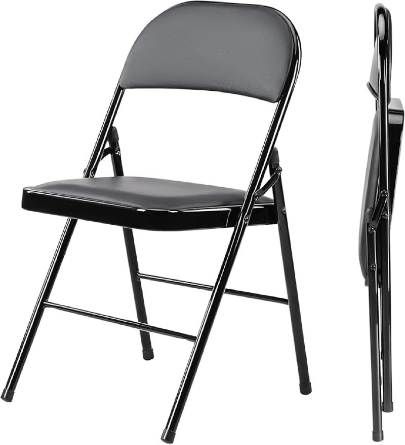 4 pack folding chairs with leather padded comfortable cushion steel frame chairs stackable portable foldable commercial event seat indoor outdoor dining chairs for home office party, black