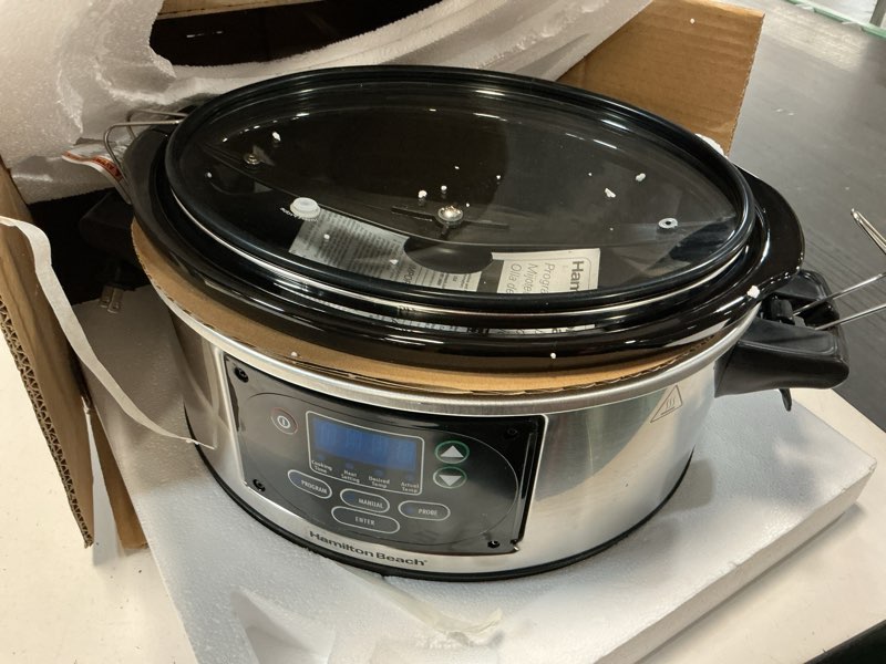 Condition photo showing Good Condition for Hamilton Beach Portable 6 Quart Set & Forget Digital Programmable Slow Cooker with Lid Lock, Temperature Probe, Dishwasher Safe Crock & Lid, Stainless Steel (33969A) Set & Forget, Stainless Steel 6 Quarts