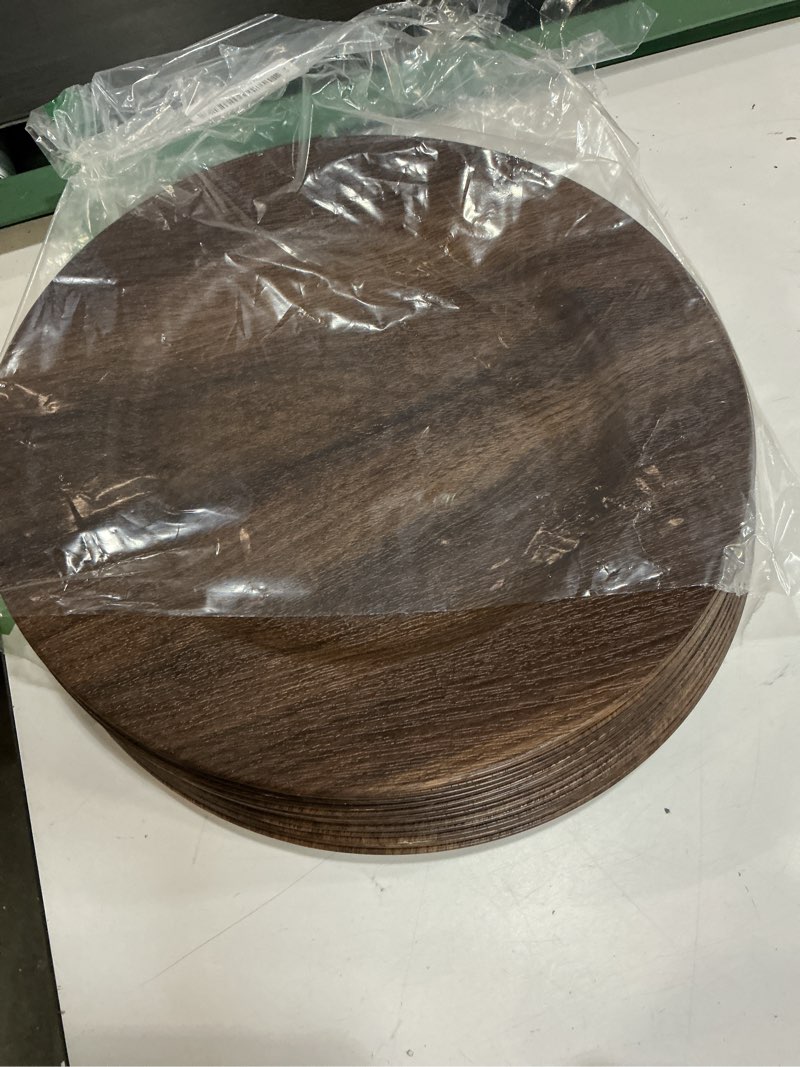 Condition photo showing Good Condition for MAONAME Round Charger Plates Set of 12, 13 Inch Brown Charger for Dinner Plates, Farmhouse Faux Wood Plate Chargers, Rustic Table Chargers for Weddings, Party 13in round1-12pc