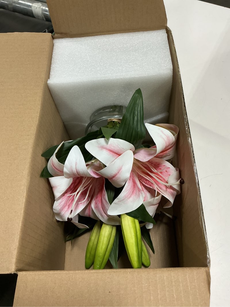 Condition photo showing Good Condition for artificial flowers tiger lily real touch with vase easter lily pink lilies silk faux flowers arrangements in glass vase with faux water easter decor fake floral bulk bouquet for office home decor tiger lily, pink