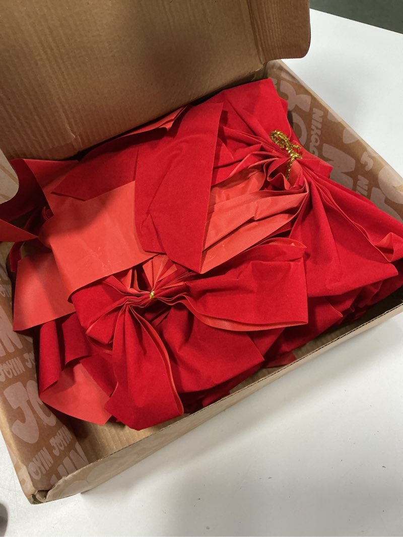 Condition photo showing As Is for JOYIN 12 Pack Christmas Red Velvet Bows, 13" Long by 9" Wide Decorative Christmas Bows for Wreath Garland Tree Decor, Indoor Outdoor Holiday Decorations Small