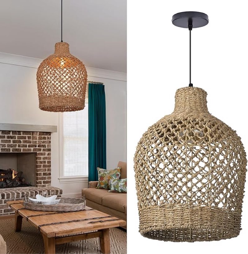 Arturesthome Rattan Pendant Light Woven Chandelier Handwoven Boho Coastal Pendant Lighting Rattan Basket Ceiling Hanging Light for Dining Room Living Room D 11.8?* 15.7?