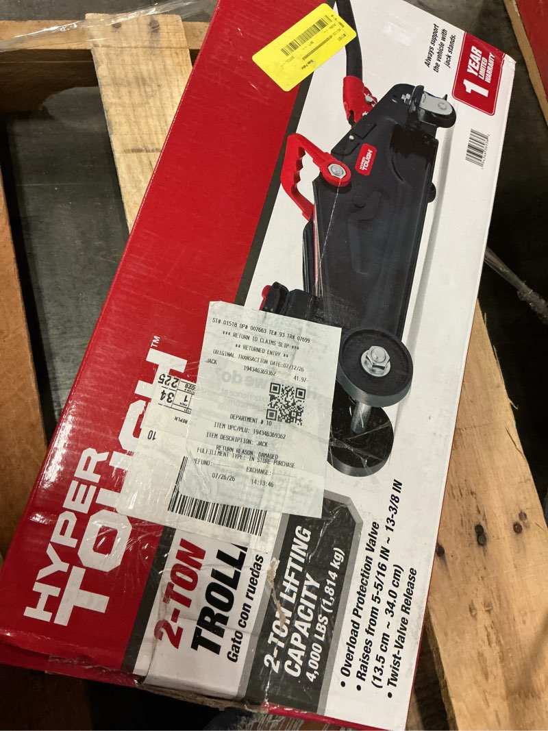 Condition photo showing As Is for hyper tough t82011w trolley jack, work for sedan and coupe, 2 ton black