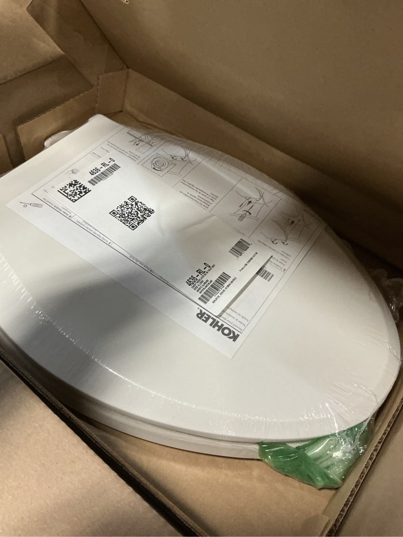 Condition photo showing New/Like New for KOHLER 4636-RL-0 Cachet ReadyLatch Elongated Toilet Seat Slow Close, Soft Close Toilet Seat Quiet Lid, Contoured Grip-Tight Bumpers Installation Hardware, Apartment Essentials, White White Elongated Ready Latch