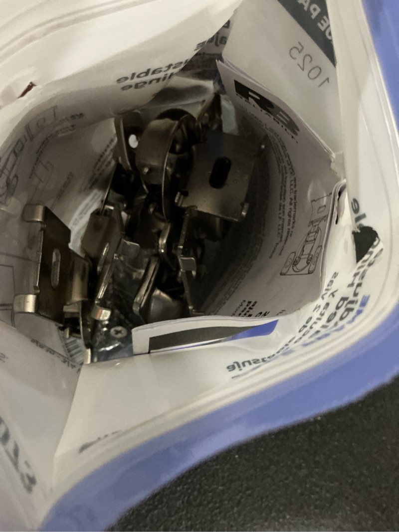 Condition photo showing As Is for reliabilt 2 way adjustable concealed nickel plated cabinet hinge