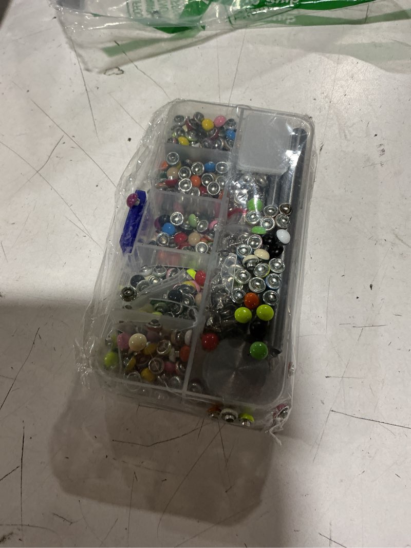 Condition photo showing As Is for 380 set leather rivets, 6mm colorful round mushroom rivets with fastener tools for diy clothes, shoes, bags decoration