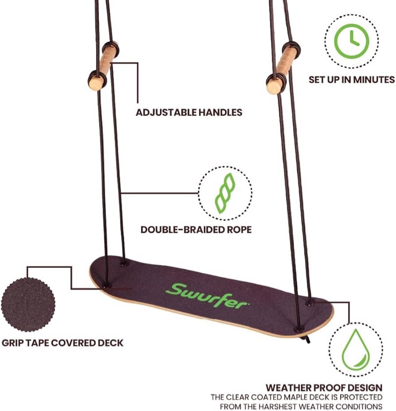 swurfer kick stand up surfing tree swing outdoor swings for kids up to 200 lbs - hang from up to 10 feet high - includes 24\" swingboard, uv resistant rope, & handles