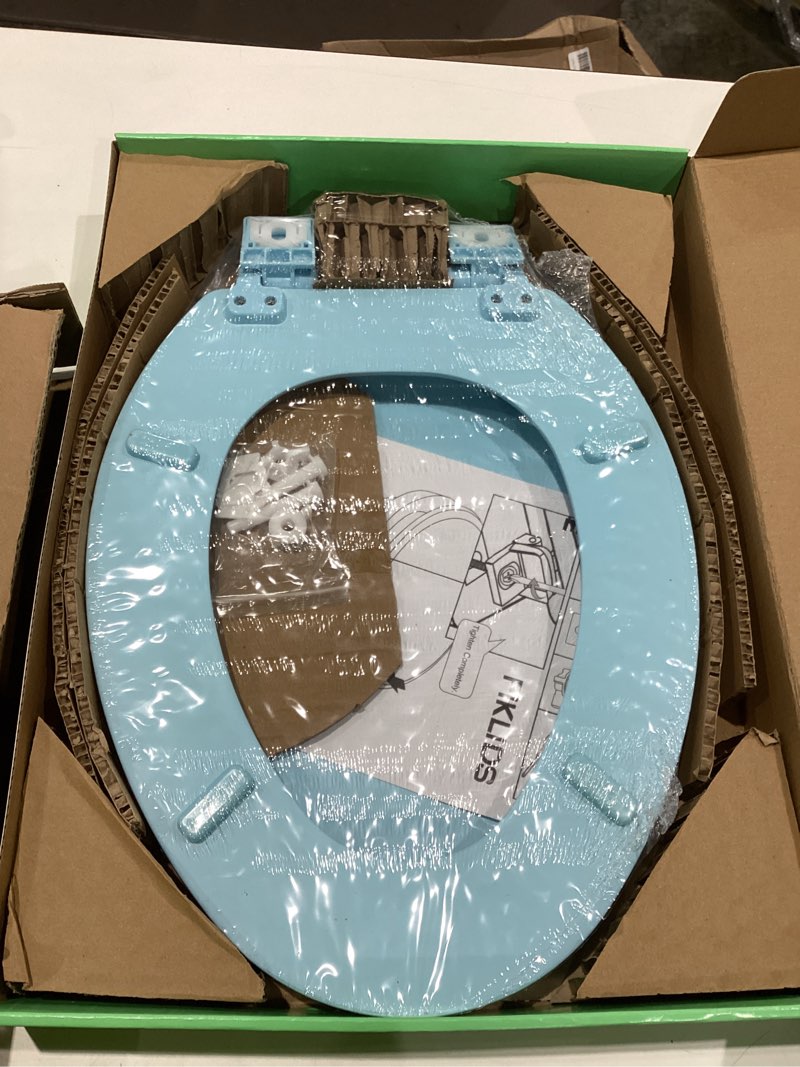 Condition photo showing New/Like New for toilet seat, slow close, soft touch, ultra-smooth matte finish (no orange-peel texture), premium moulded wood, quick release, piklids (sky blue, elongated) sky blue elongated