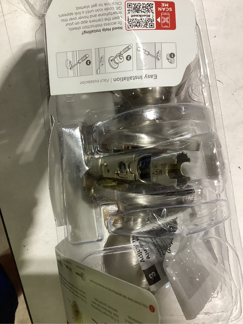 Condition photo showing As Is for kwikset polo satin nickel entry door knob 1-3/4 in. might be missing parts