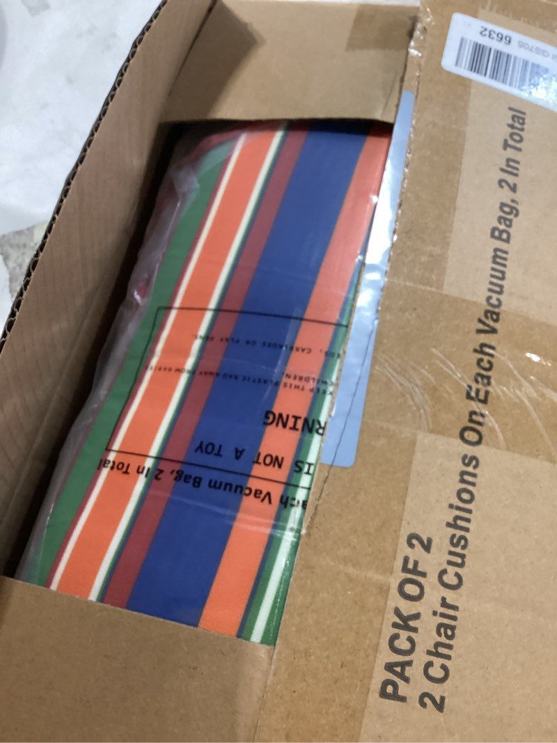 Condition photo showing New/Like New for harborest outdoor chair cushions set of 2, water resistant patio chair cushions with ties, outdoor seat cushions for patio furniture, 17"x16"x2", rainbow stripes rainbow stripes 17"x16"x2" (2 pack)