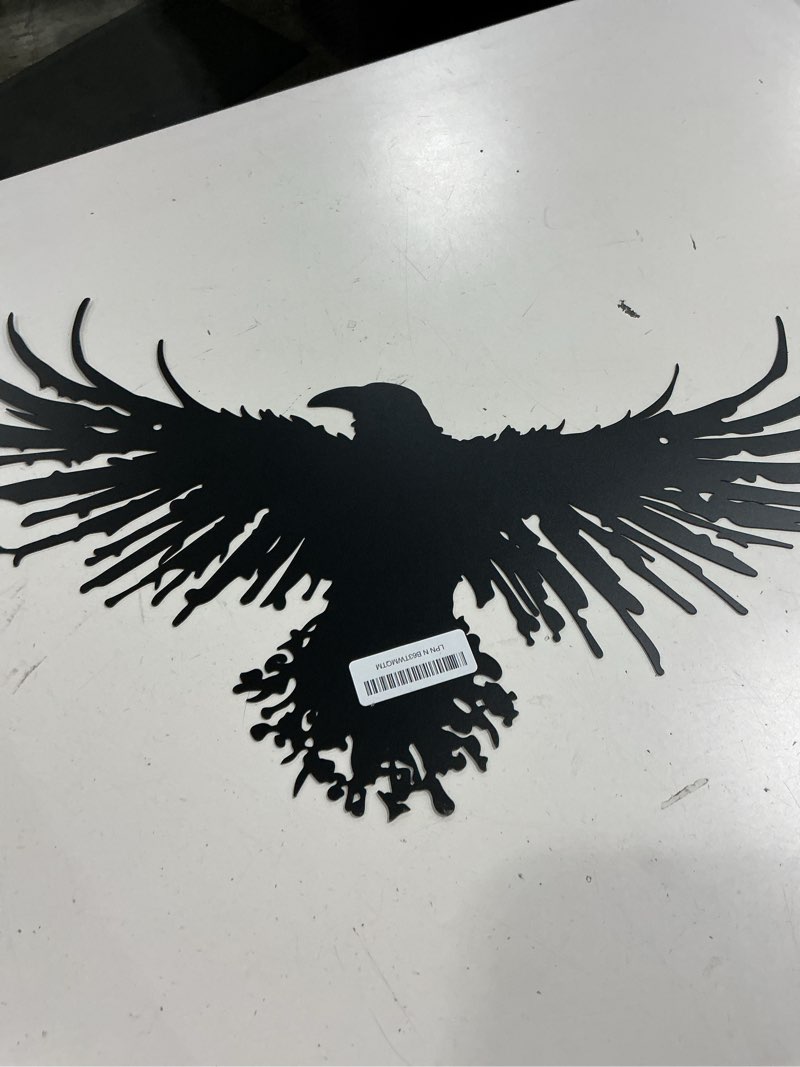 Condition photo showing As Is for yuzhuo metal viking raven wall art norse mythology crow wall decor with gothic metal wall sculpture suitable for living room bedroom indoor outdoor garden home (23.3l x 13w) 23.3"l x 13"w