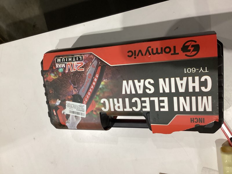 Condition photo showing New/Like New for Electric 6 Inch Mini Small Cordless Battery Powered Handheld Chainsaw With Charger For Trimming On Tree Branches, Wood Cutting, Pruning Shears To Diy, Backyard Upkeep, Light Home Repairs