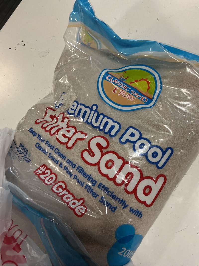 Condition photo showing As Is for (no expiration date)classic sand & play swimming pool filter sand for above & inground pools, 20 lbs, supports residenti