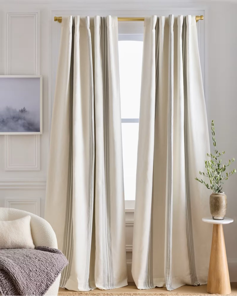 coastal stripe linen cotton true blackout curtain, 48x96, ivory/sage green