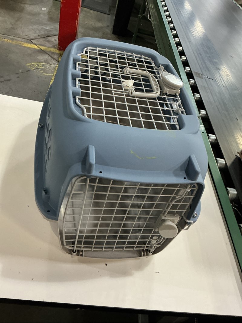 Condition photo showing As Is for vibrant life small 2-door dog kennel, blue, 25 lb limit