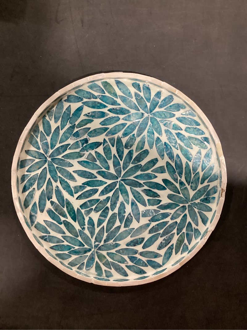 Condition photo showing Good Condition for Chunful Mother of Pearl Round Serving Tray Wood Coffee Table Tray 10.4 Inch for Tea Breakfast Kitchen Cabinet(Leaf Style)