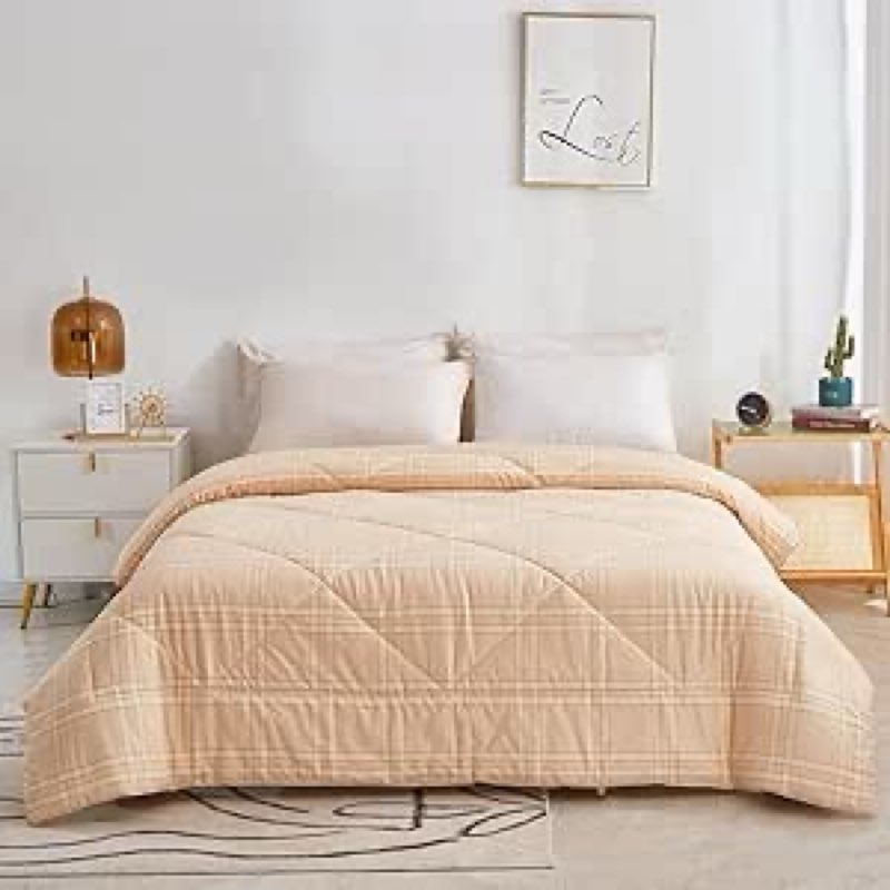 2026 premium upgraded non-vacuum bed quilt all seasons 100% cotton filled comforter - reversible lightweight soft breathable fluffy (gold earth full/queen)