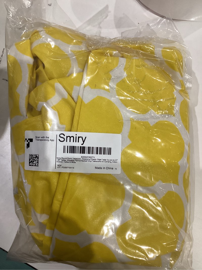 Condition photo showing Good Condition for Smiry Round Picnic Tablecloth, Waterproof Elastic Fitted Table Covers for 57" - 68" Tables, Wipeable Flannel Backed Vinyl Tablecloths for Camping, Indoor, Outdoor, Yellow & White Yellow & White For Up To 57"-68" Round