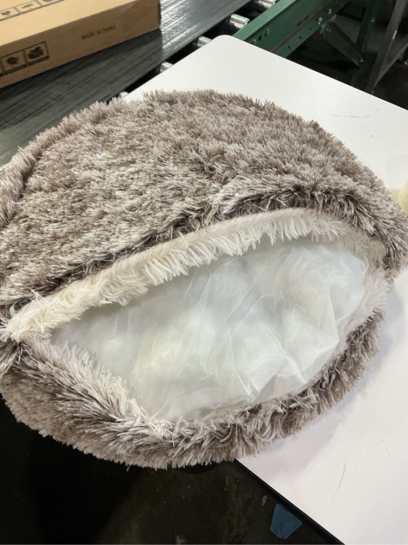 Condition photo showing As Is for Calming Dog Beds & Cat Cave Bed with Hooded Cover,Washable Round Beds for Small Medium Pets,Anti-Slip Faux Fur Fluffy Coved Bed,Comfortable Warming Pet Bed (20 * 20inch,Khaki)