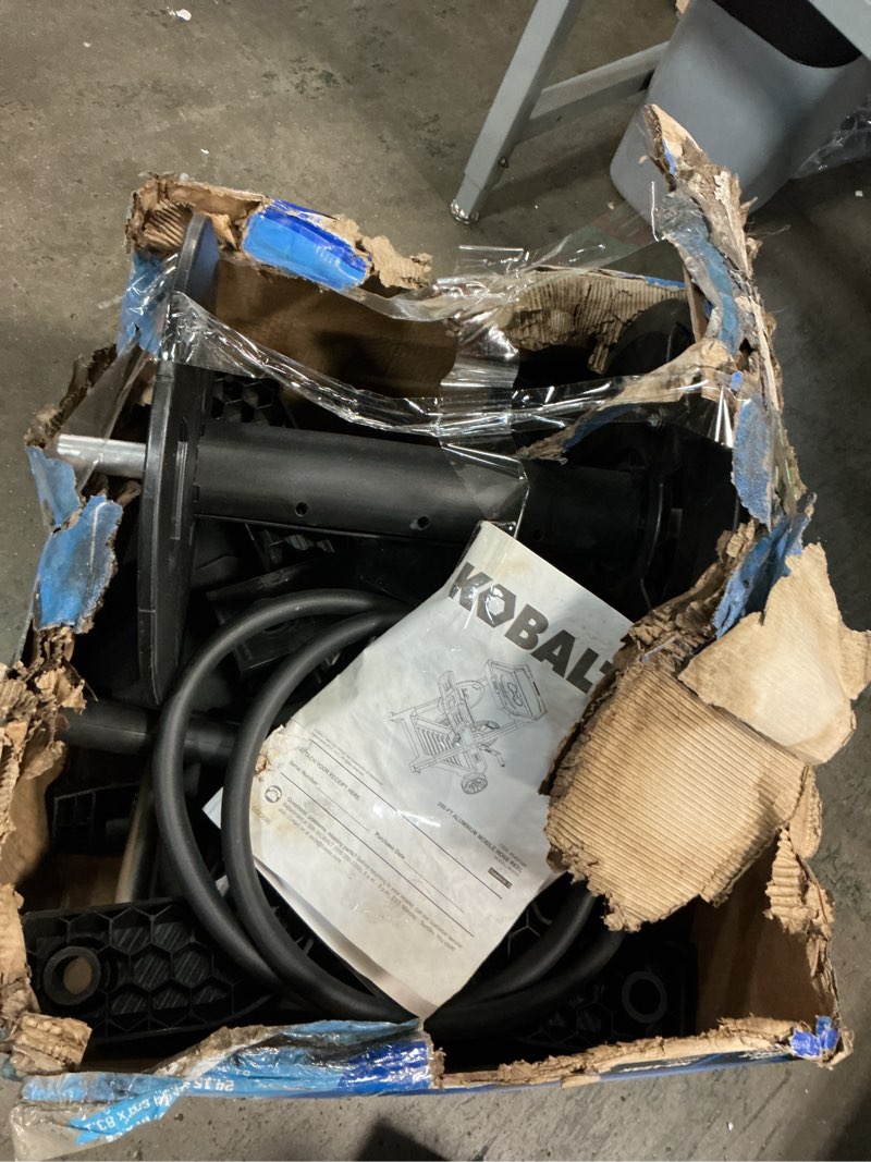 Condition photo showing As Is for kobalt aluminum 200-ft cart hose reel