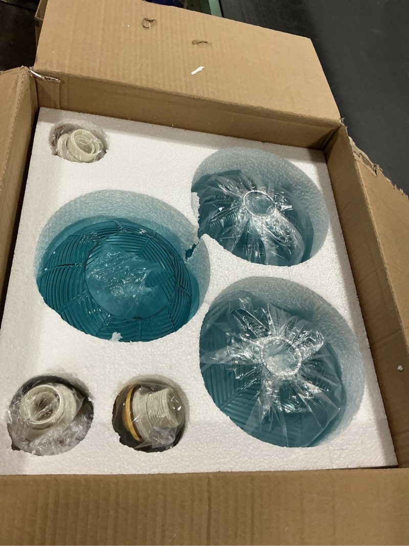 Condition photo showing As Is for Soilsiu Pendant Light Kitchen Island, 3-Light Blue Glass Pendant Lighting, Vintage Globe Hanging Chandelier for Dining Bedroom Decor, Adjustable Cord Blue - 3 Light