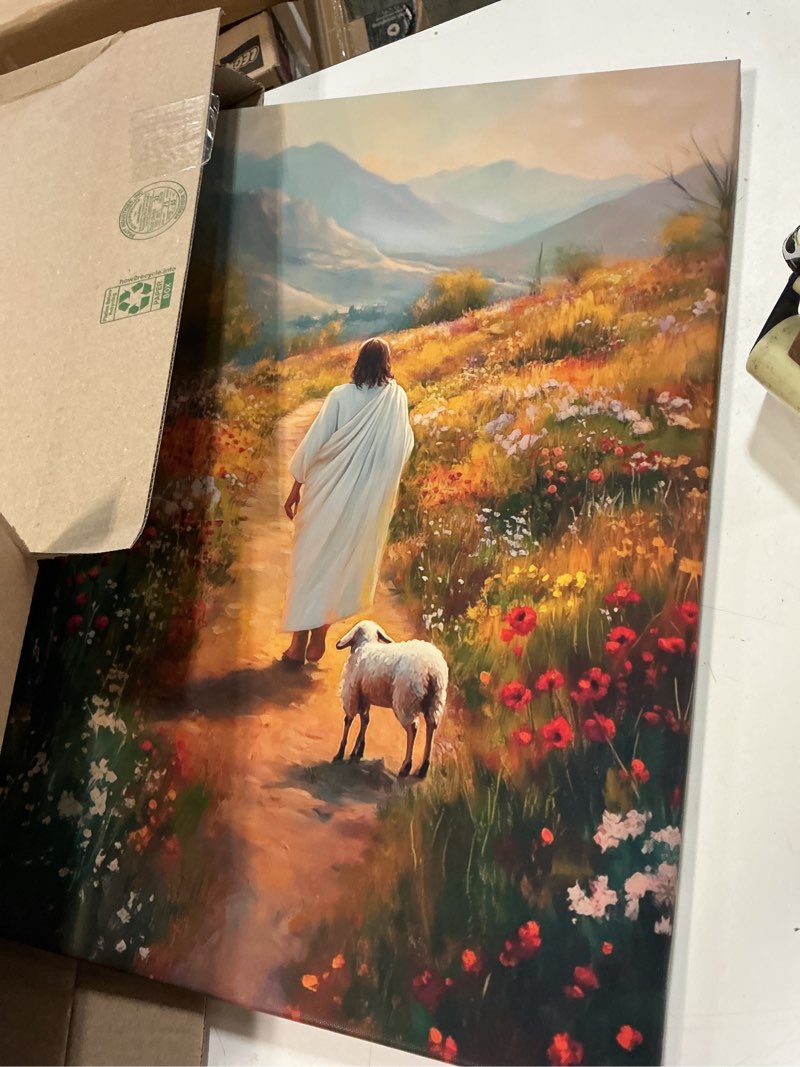 Condition photo showing As Is for frswuset jesus lamb paintings canvas wall art vintage leaves the 99 sheep jesus prints christ the good shepherd pictures art for gallery church home decoration 12x16in canvas 12x16inx3pcs canvas