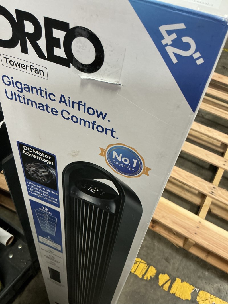 Condition photo showing As Is for dreo 42-inch tower fan, bladeless oscillating fan with remote, led display, ultra quiet dc motor with powerful & efficient cooling, 12 speeds