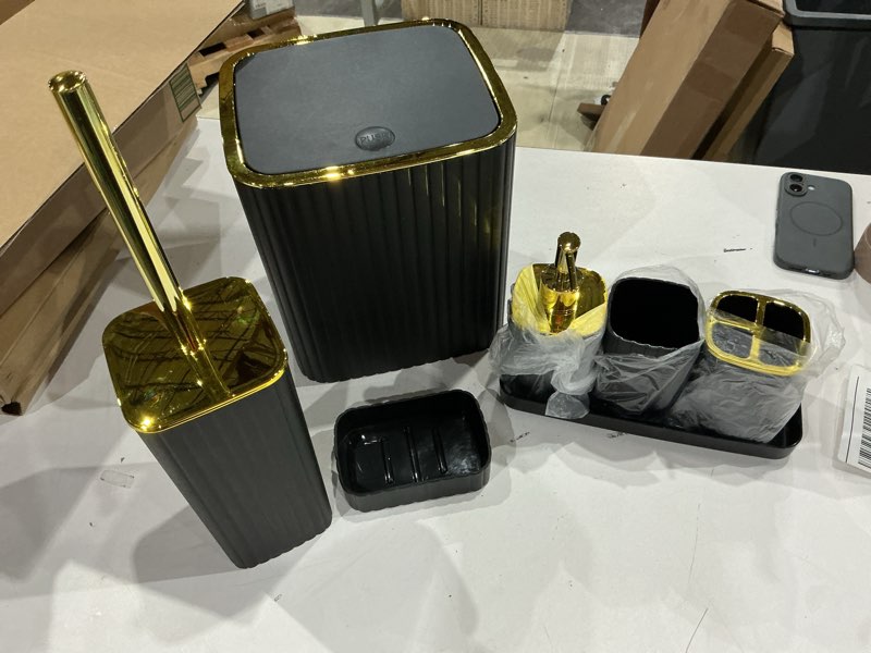 Condition photo showing Good Condition for similar motifeur bathroom accessories set, 5-piece ceramic bath accessory complete set with lotion dispenser/soap pump, cotton jar, vanity tray, tumbler and toothbrush holder (black and gold)