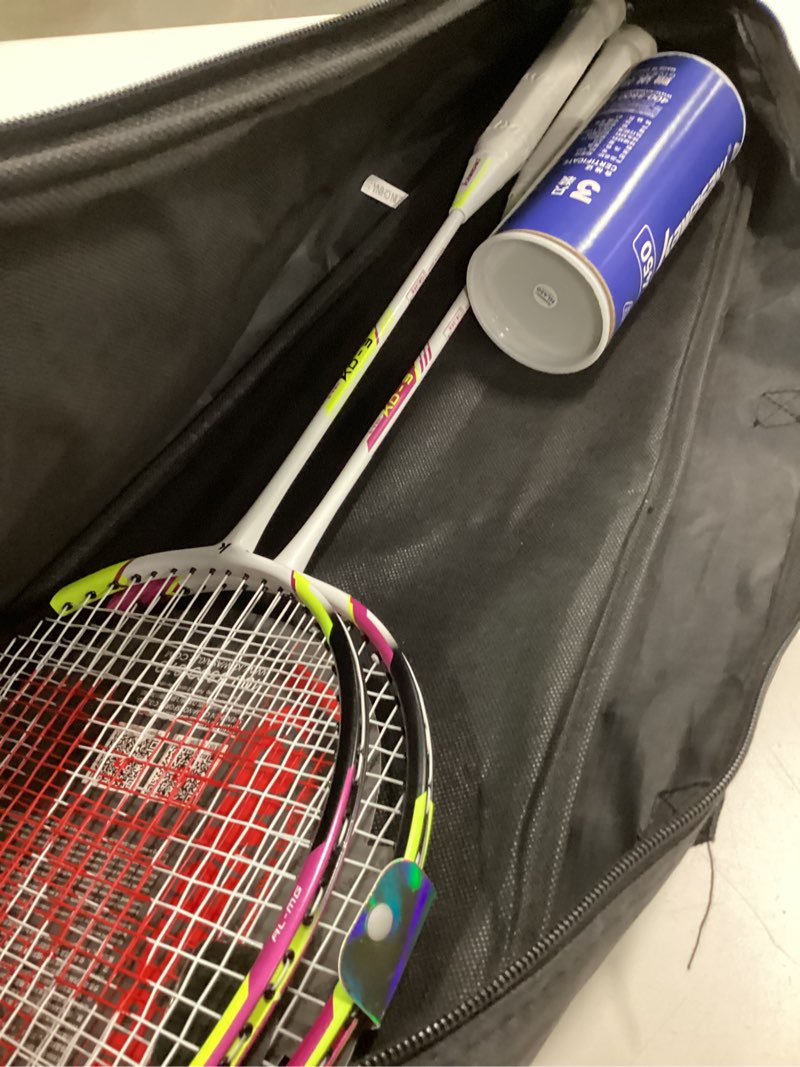 Condition photo showing Good Condition for Kawasaki Badminton Rackets, Professional Graphite Shaft Badminton Set of 2 for Backyard, with 2 Lightweight Carbon Badminton Racquets/3 Badminton Shuttlecocks/2 Racquet Overgrips/1 Carry Bag Purple/Green