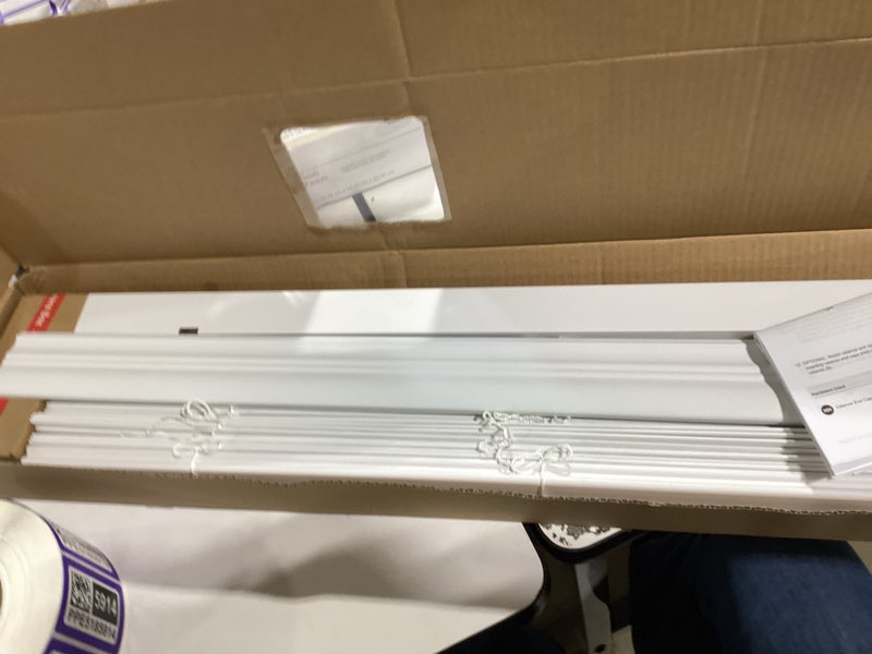 Condition photo showing As Is for allen + roth trim at home 2-in slat width 31-in x 64-in cordless white faux wood room darkening horizontal blinds