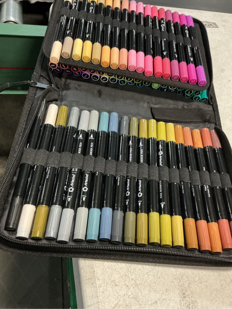 Condition photo showing Good Condition for artecho acrylic paint markers 72 colors with bag, acrylic paint pens with brush tip and fine tip for stone, rock painting, paper, pumpkin, wood, egg, canvas, ceramic, fabric, leather, glass