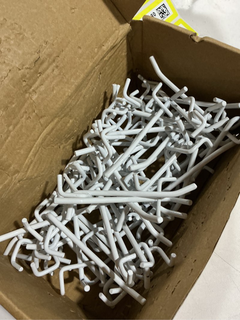 Condition photo showing As Is for uxcell 50 pcs heavy duty pegboard hooks, 4-inch shelving hooks for 1/4" pegboard, pegboard display hook holder organizer for garage, office, and kitchen, white 4 inch white