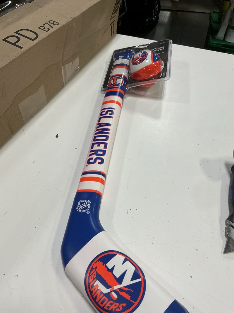 Condition photo showing New/Like New for franklin sports nhl team mini soft hockey stick set - nhl team soft foam mini hockey stick and ball - great toy for kids new york islanders