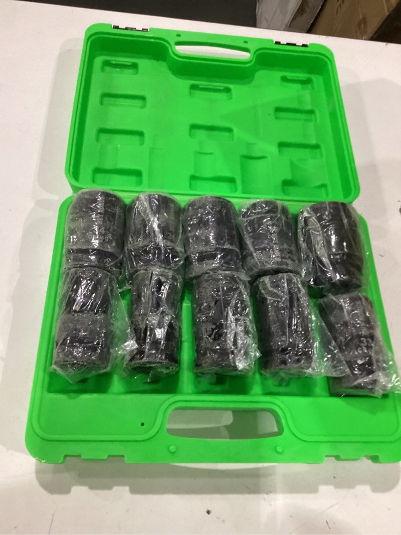 Condition photo showing New/Like New for 10 pieces 1-inch drive deep impact socket set, 24mm, 27mm, 30mm, 32mm, 33mm, 34mm, 36mm, 38mm, 41mm,46mm cr-mo, metric, 6-point, heavy duty wheel impact socket set 10pcs 1" metric 27mm-41mm