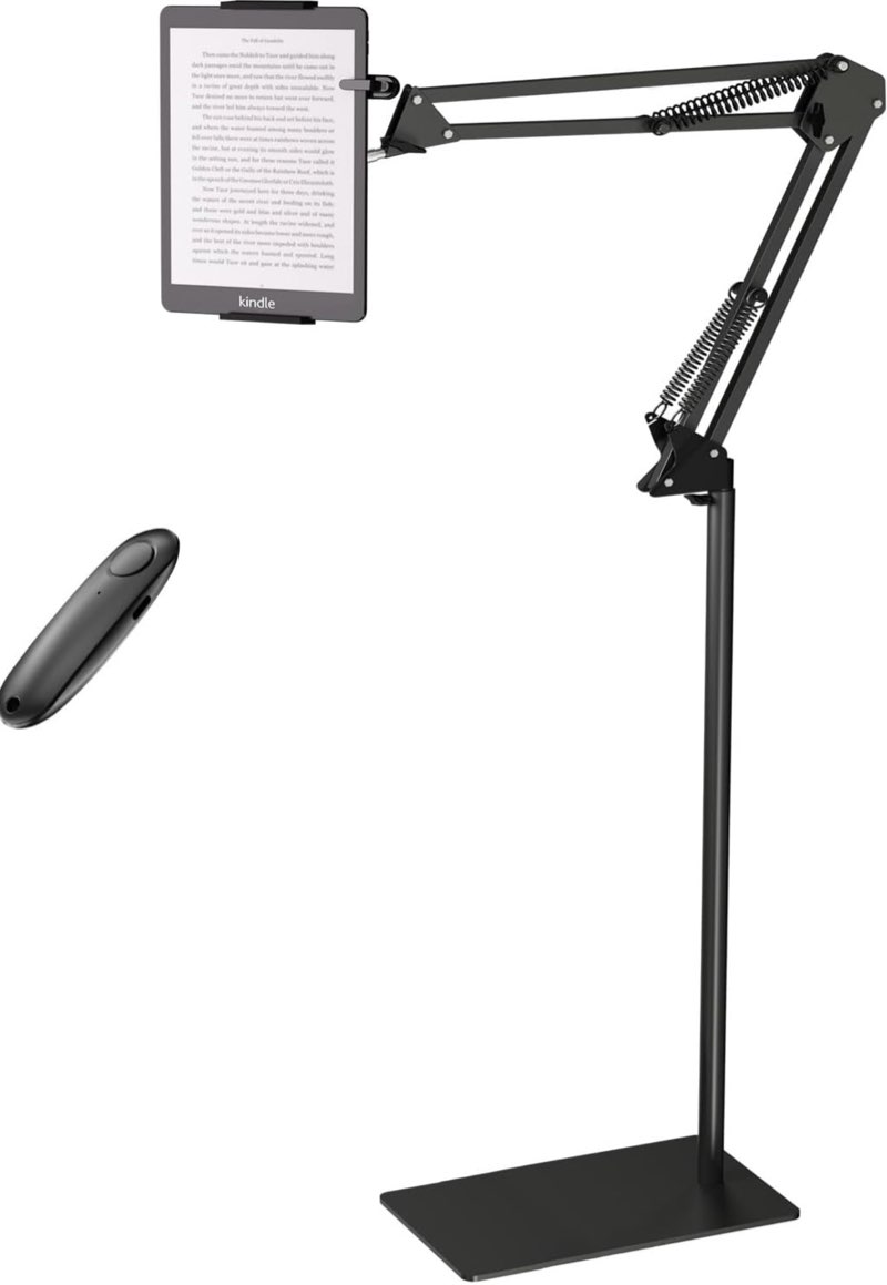 Floor Kindle Stand Holder with Remote Page Turner, Bed Holder with Clicker for Reading, Kindle Accessories for 4.7-11.9 inch Devices Black