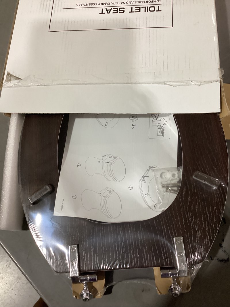 Condition photo showing New/Like New for elongated toilet seat molded wood toilet seat with zinc alloy hinges, easy to install also easy to clean, anti-pinch wooden toilet seat by angol shiold (elongated, dark brown) zinc alloy hinge dark brown