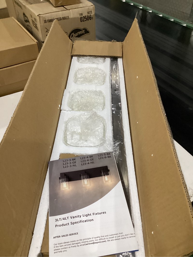 Condition photo showing As Is for 4-light bathroom light fixtures, brushed nickel vanity lights for bathroom, kitchen, living room, modern bathroom vanity lights with clear glass shades 4-light brushed nickel