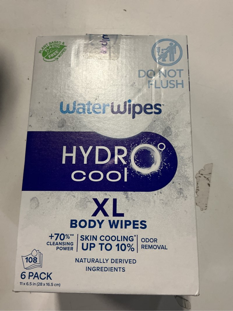 Condition photo showing New/Like New for WaterWipes HydroCool Cooling Wipes, XL Body Cleaning Wipe, Stay Fresh & Cool On-the-Go Instant Skin Cooling, Odor & Sweat Removal, Ideal for Gym, Travel & Outdoor Use, 108 Count (6 Pack)