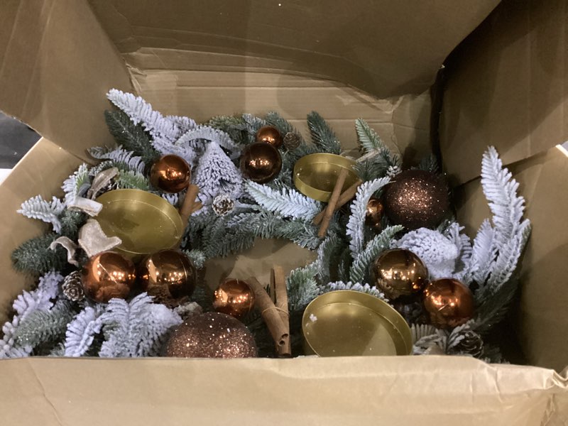 Condition photo showing As Is for Large Christmas Dining Table Centerpiece Wreath Decoration, 3 Arms Christmas Candlestick Wreath Arrangement for Home Indoor Dining Room Kithchen Decor, 28 Inch Diameter