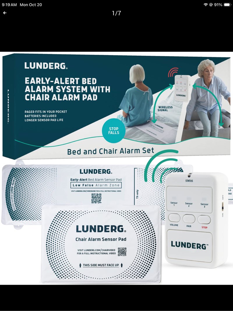 Lunderg Bed Alarm for Elderly Adults & Chair Alarm Set - Wireless Early-Alert Sensor Pad, Chair Pad & Pager - Bed Alarms and Fall Prevention for Elderly and Dementia Patients - Full Caregiver Set
