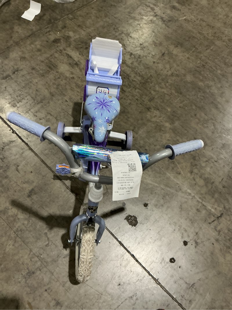 Condition photo showing As Is for huffy 12" disney frozen kids' bike, fits riders 37”-42”, purple, youth, girl's