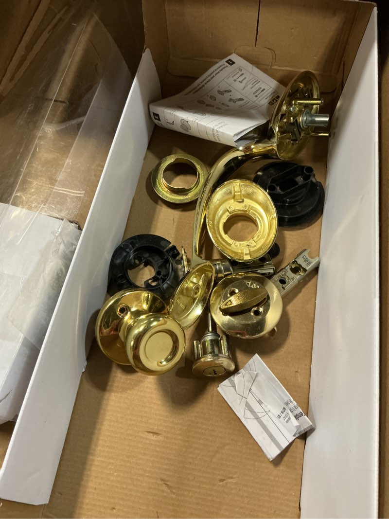 Condition photo showing As Is for kwikset dakota front door lock handle and deadbolt set, entry handleset exterior with interior door knob, polished brass, pick resistant smartkey rekey deadbolt security polished brass with interior pack