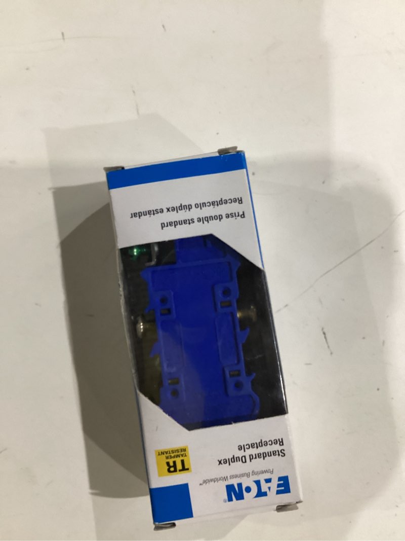 Condition photo showing As Is for eaton 15-amp 120-volt tamper resistant residential duplex outlet, black