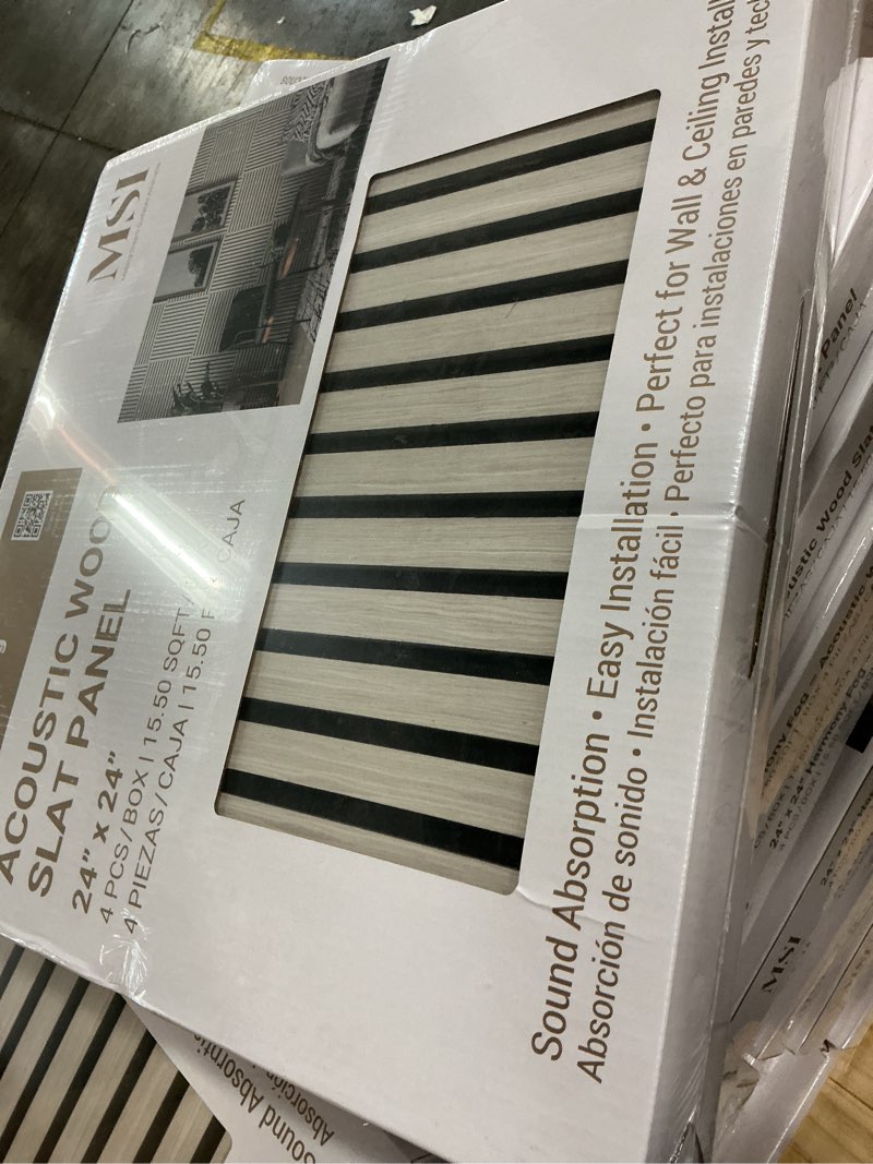Condition photo showing New/Like New for msi harmony fog 24 in. x 24 in. gray light wood slat decorative acoustic sound absorbing panels (4-pack/15.5 sq. ft.)