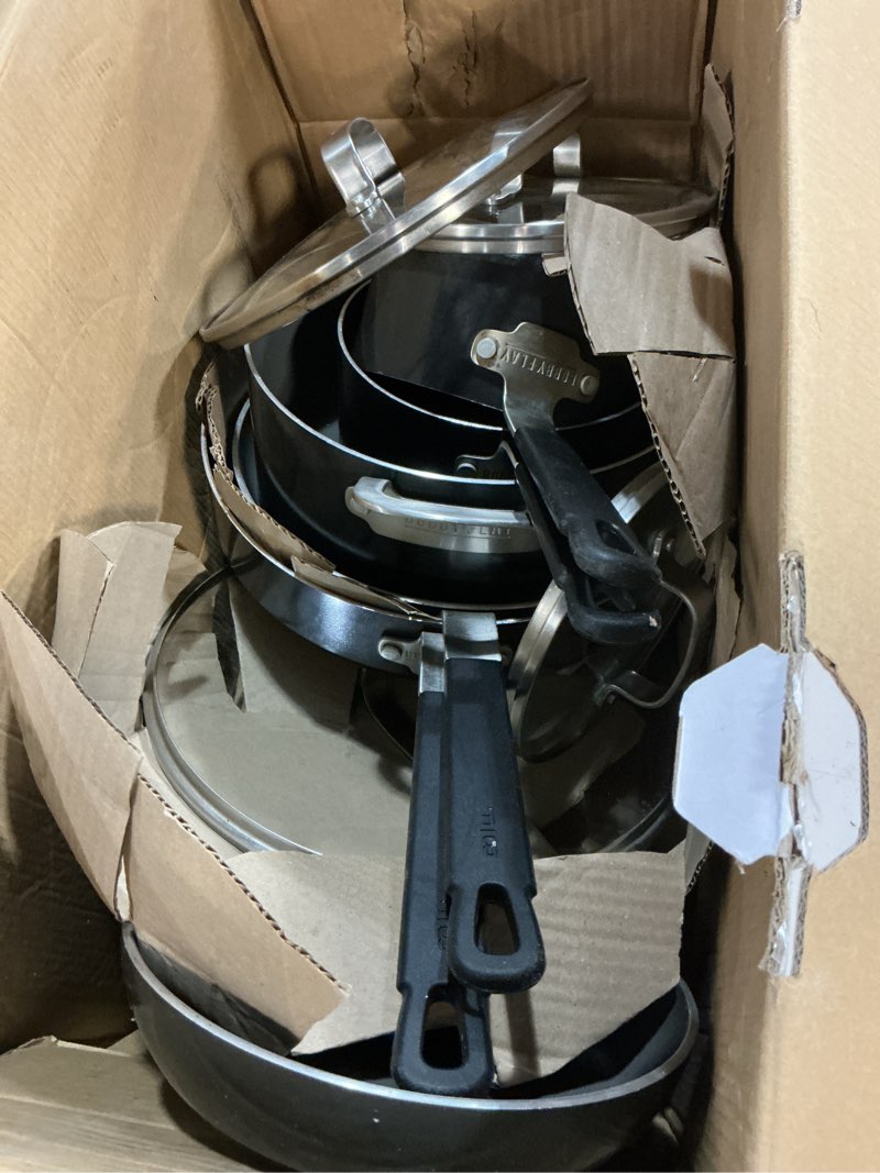 Condition photo showing Good Condition for (Incomplete, only 10 pieces) GreenPan x Bobby Flay 13 Piece Nonstick Cookware Pots and Pans Set, PFAS-Free Diamond Ceramic, Induction Suitable, Easy Clean Dishwasher & Oven Safe, Stay-Cool Silicone Handles, Glass Lids, Black 13 Piece Cookware Set Black