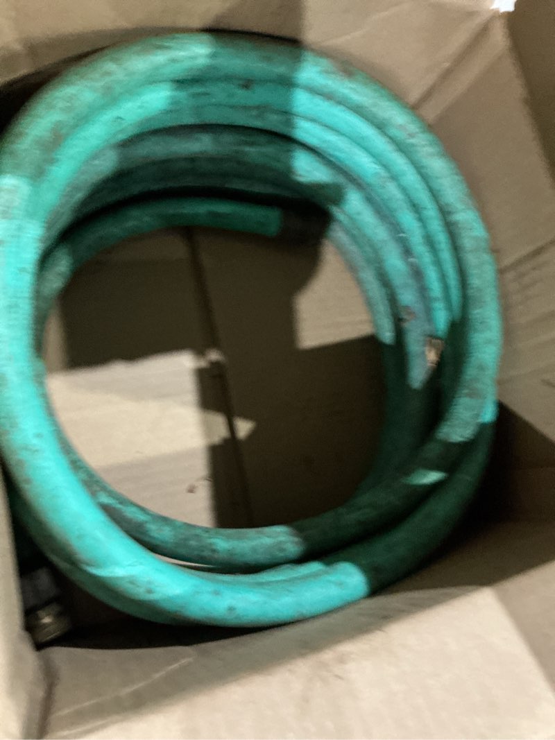 Condition photo showing As Is for flexzilla colors garden hose 5/8 in. x 75 ft., lightweight all-weather water hose, durable and flexible, leak-free connections, forest green standard grip 75ft forest green