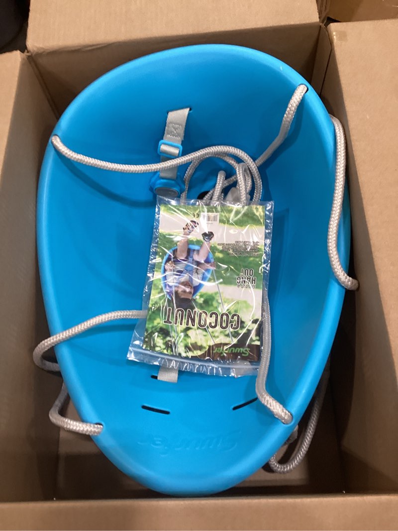 Condition photo showing New/Like New for swurfer coconut toddler swing – comfy baby swing outdoor, 3- point adjustable safety harness, secure, safe quick click locking system, blister-free rope, easy installation, ages 6-36 months blue