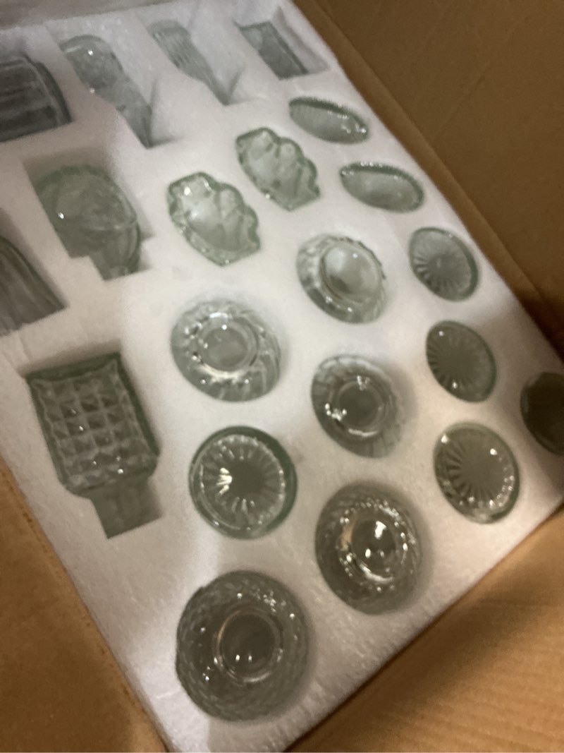 Condition photo showing New/Like New for 36pcs bud vases set small vintage glass bottles clear bud vases in bulk multiple shape cute glass vases for rustic wedding centerpieces table decorations and home decor(clear)